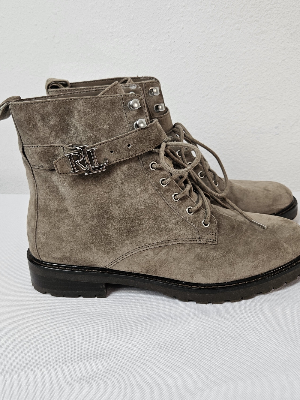 Lauren Ralph Lauren Taupe Elridge Suede Lace-Up Combat Boots US Size 9
